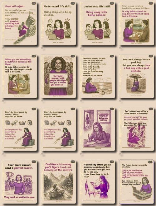 A grid of illustrated LinkedIn posts designed by Fathima